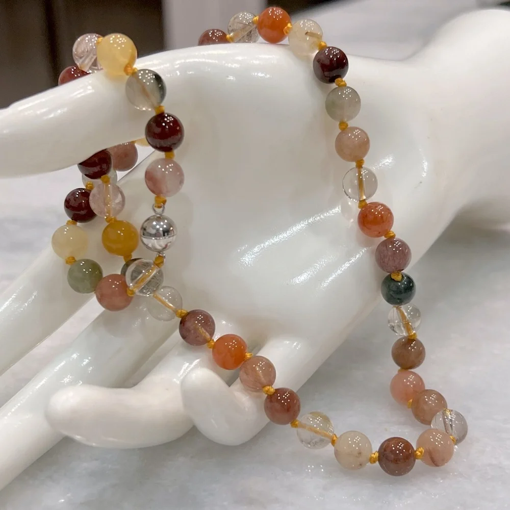 Multi Rutilated Quartz Bead Sterling Silver 18” Necklace with Magnetic Clasp
